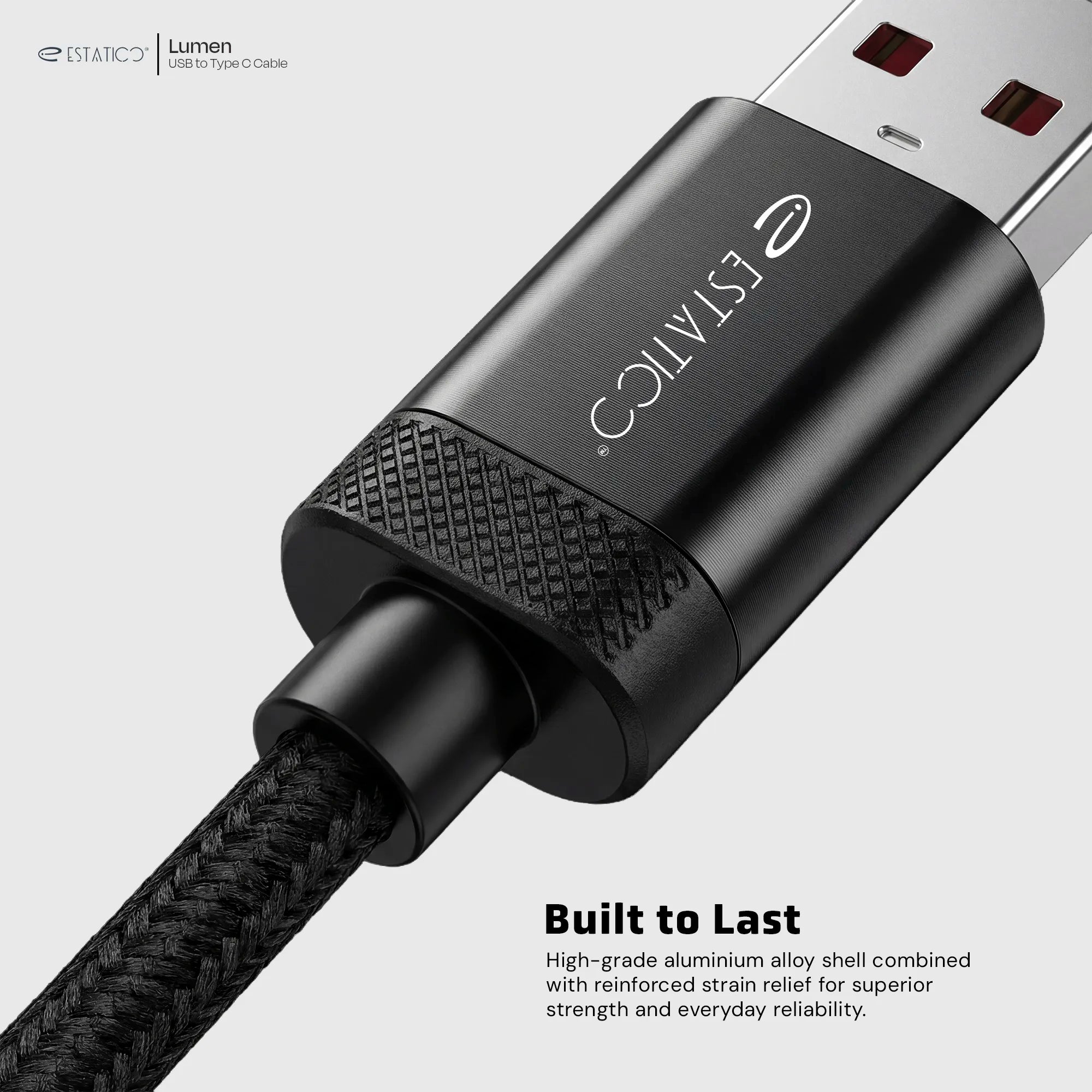 Lumen 100W Fast Charging USB-A to USB-C Cable - 1M Nylon Braided with LED