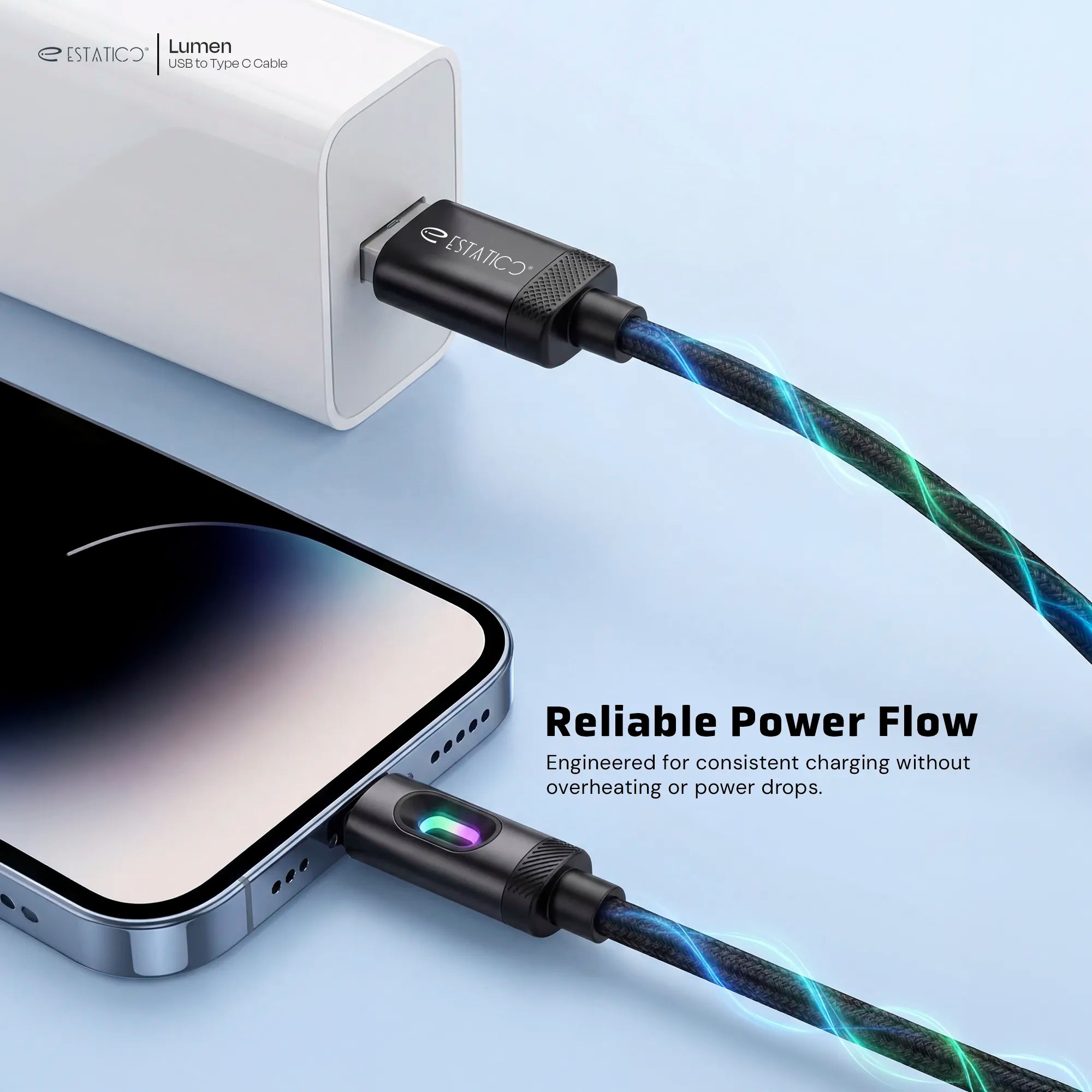 Lumen 100W Fast Charging USB-A to USB-C Cable - 1M Nylon Braided with LED