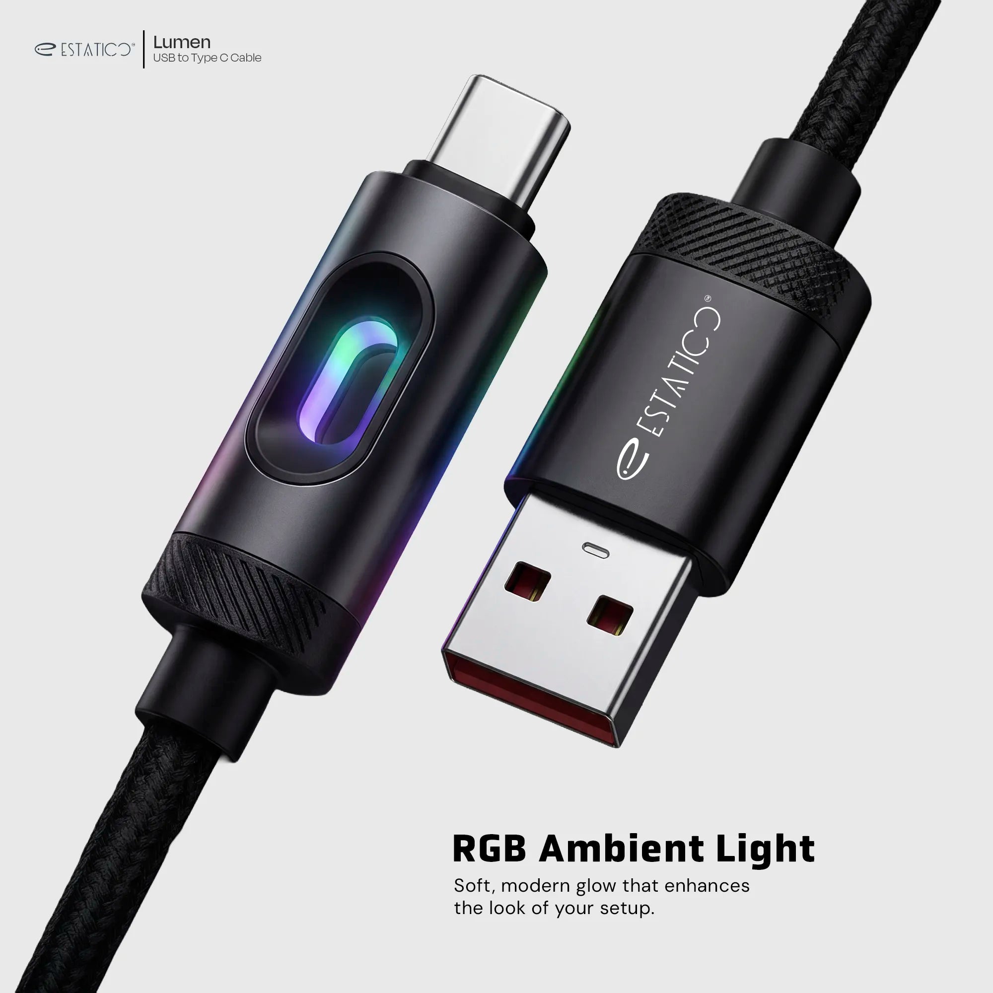 Lumen 100W Fast Charging USB-A to USB-C Cable - 1M Nylon Braided with LED