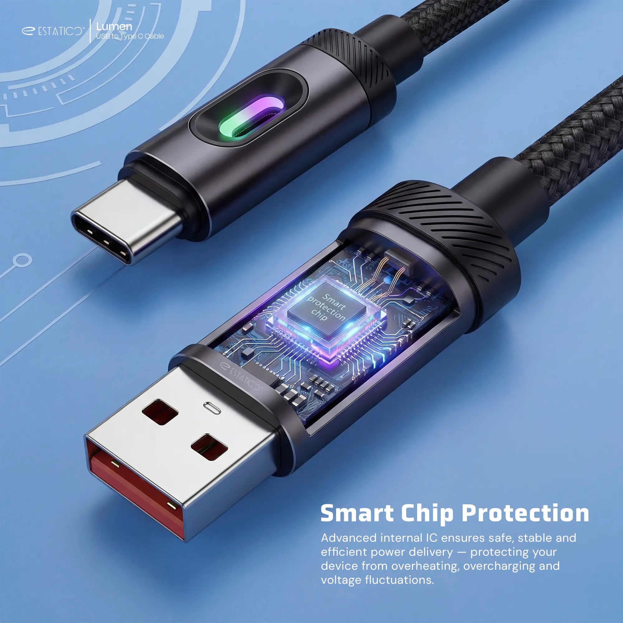 Lumen 100W Fast Charging USB-A to USB-C Cable - 1M Nylon Braided with LED