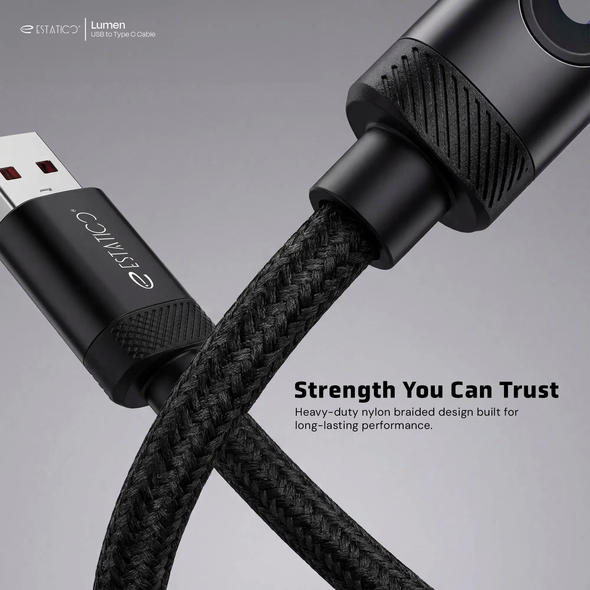 Lumen 100W Fast Charging USB-A to USB-C Cable - 1M Nylon Braided with LED