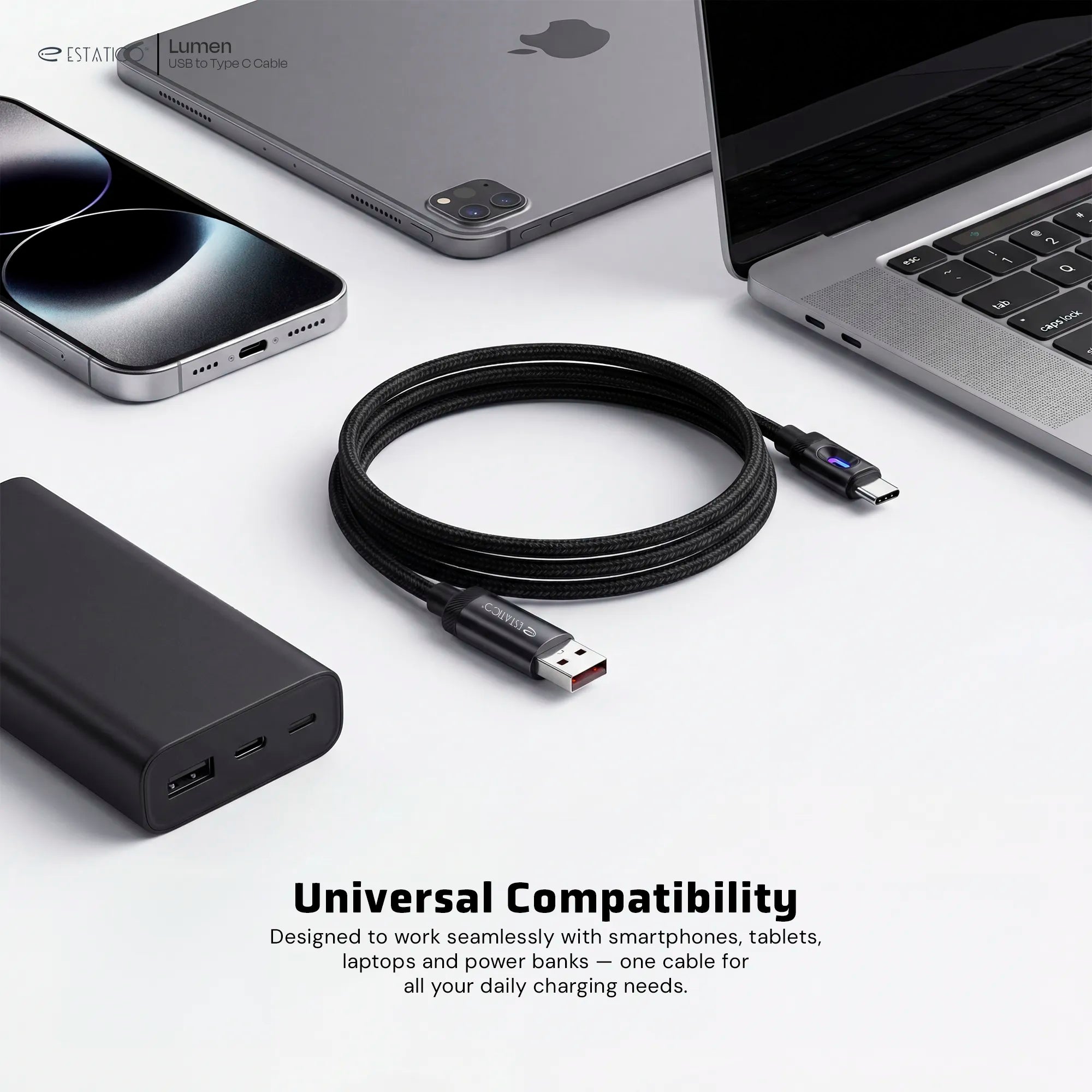 Lumen 100W Fast Charging USB-A to USB-C Cable - 1M Nylon Braided with LED