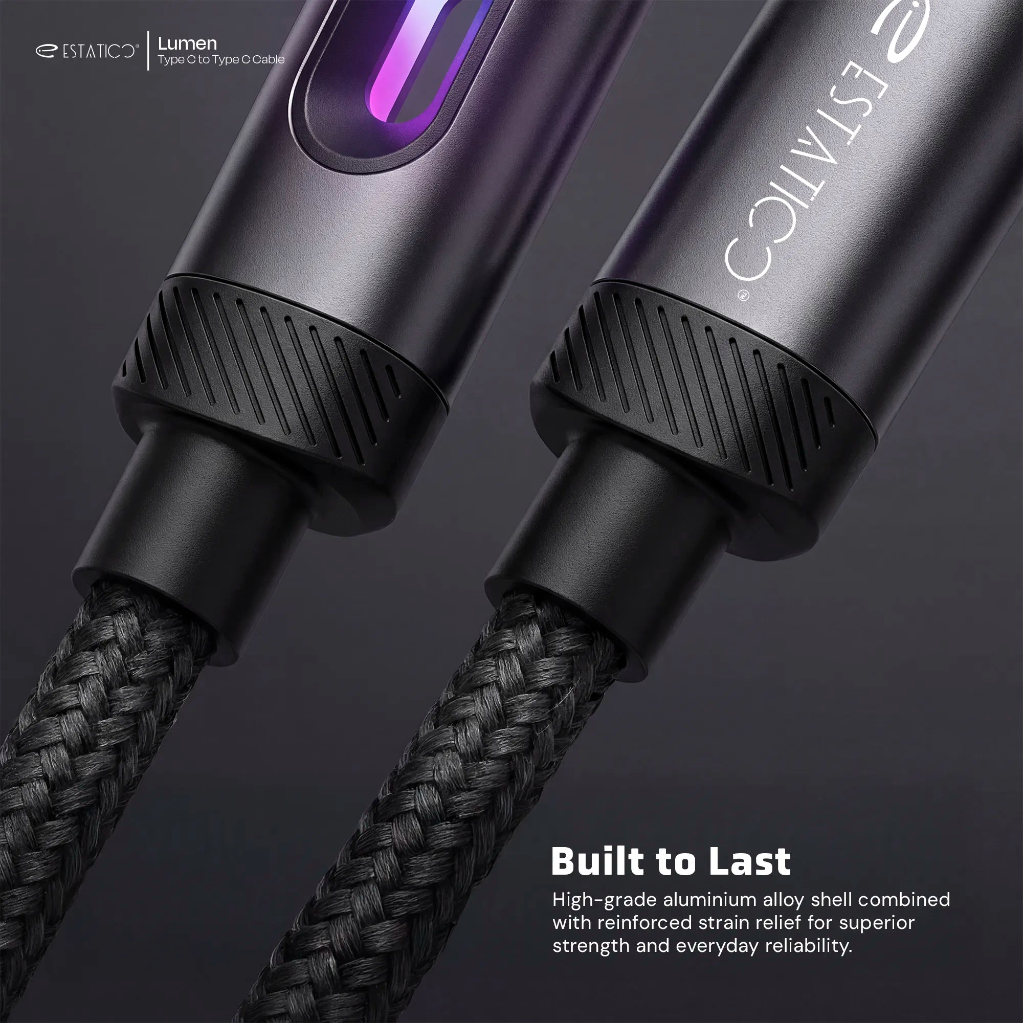 Lumen 60W Fast Charging USB-C to USB-C Cable - 1M Nylon Braided with LED