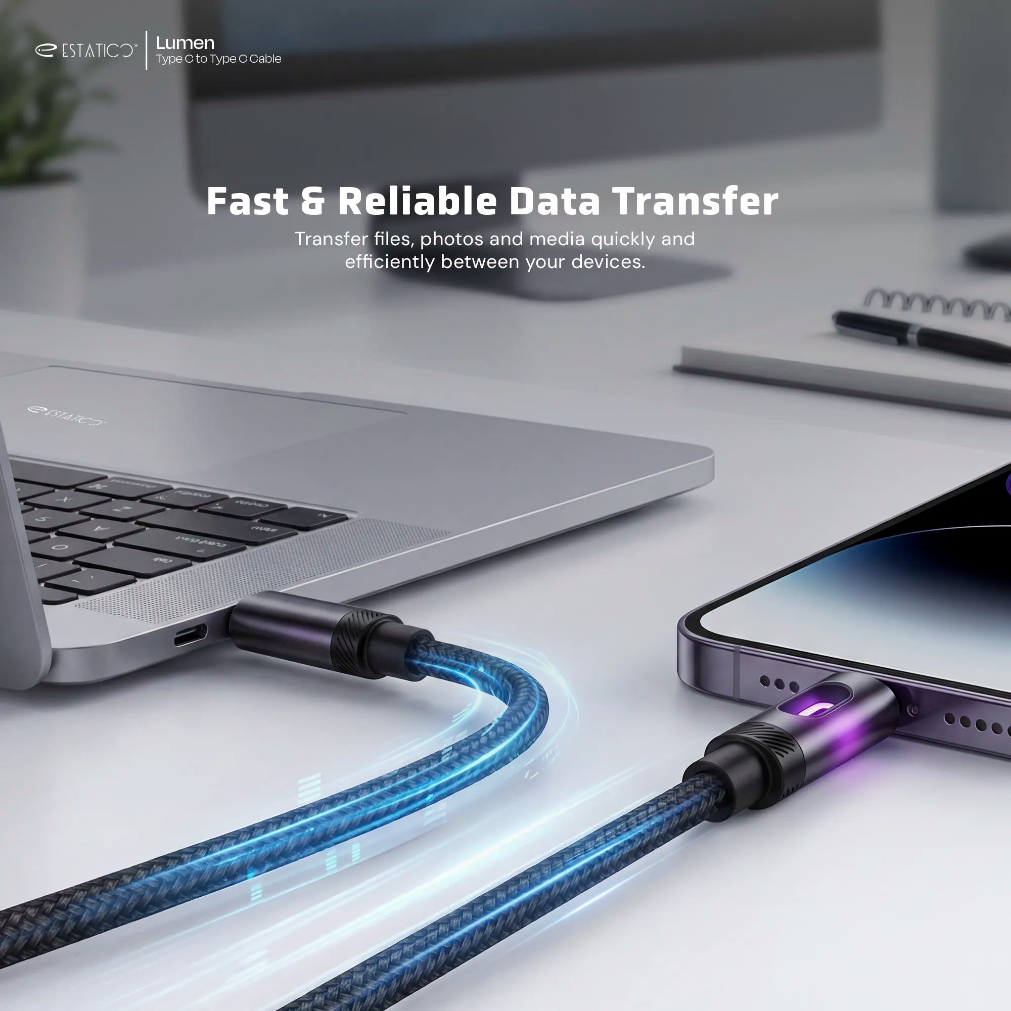 Lumen 60W Fast Charging USB-C to USB-C Cable - 1M Nylon Braided with LED