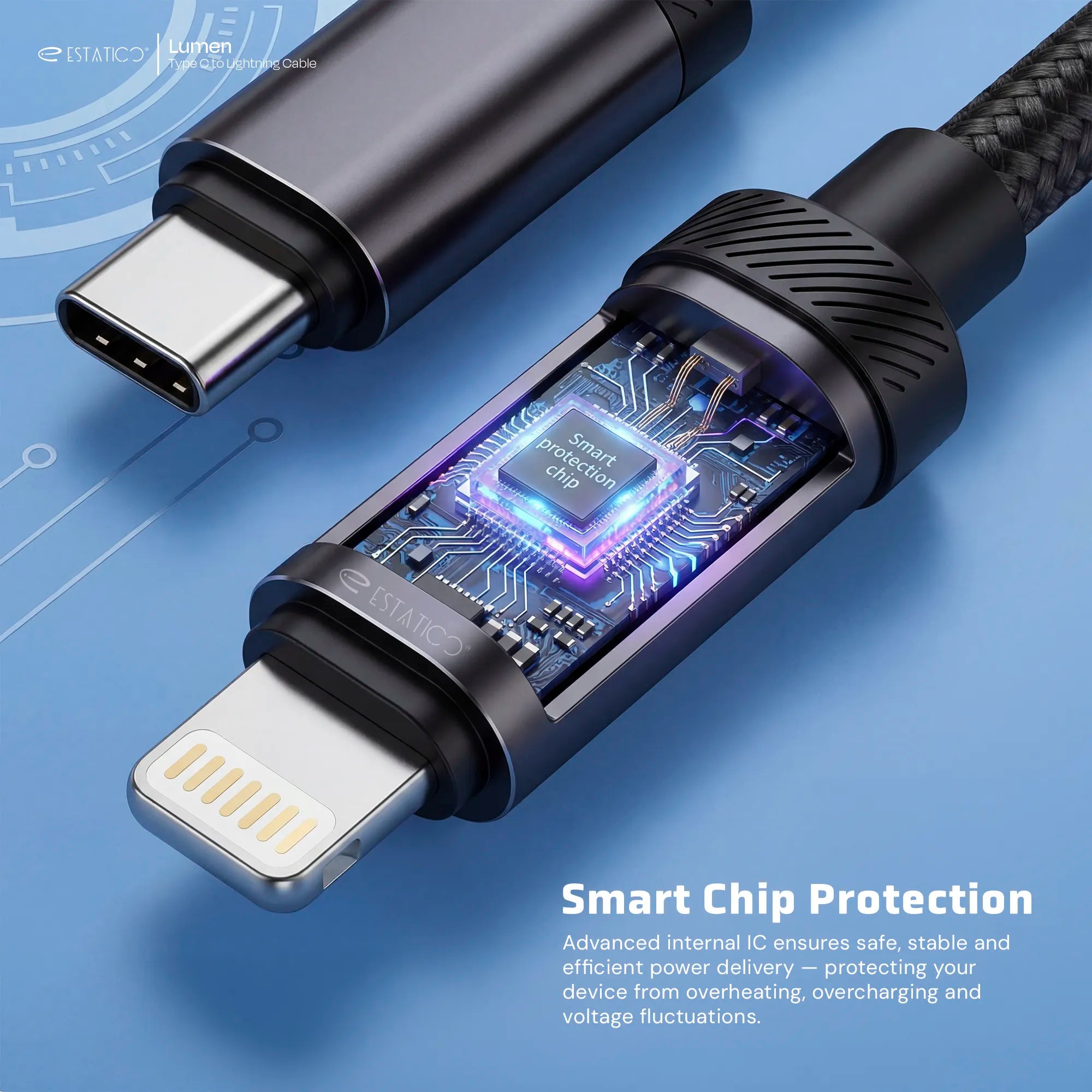 Lumen 20W Fast Charging USB-C to Lightning Cable - 1M Nylon Braided with LED