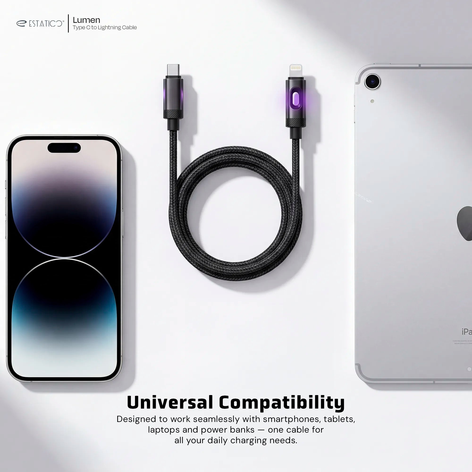 Lumen 20W Fast Charging USB-C to Lightning Cable - 1M Nylon Braided with LED