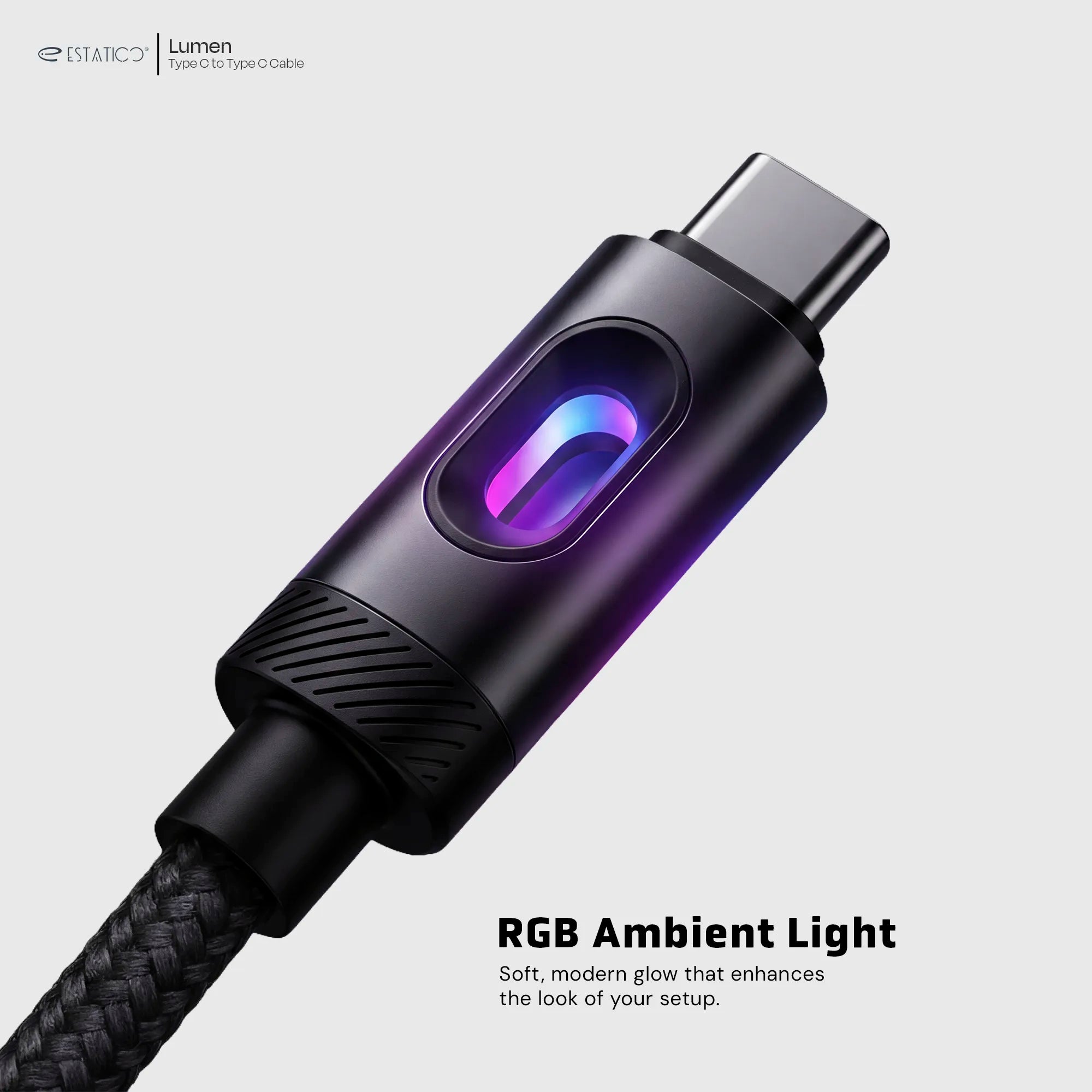 Lumen 60W Fast Charging USB-C to USB-C Cable - 1M Nylon Braided with LED