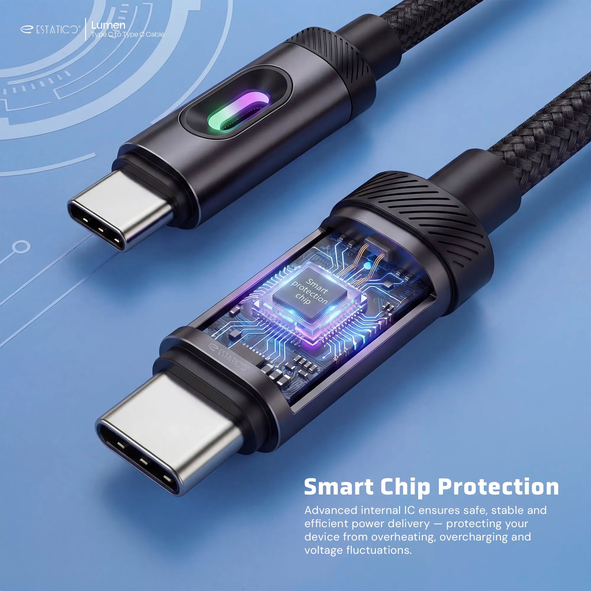 Lumen 60W Fast Charging USB-C to USB-C Cable - 1M Nylon Braided with LED