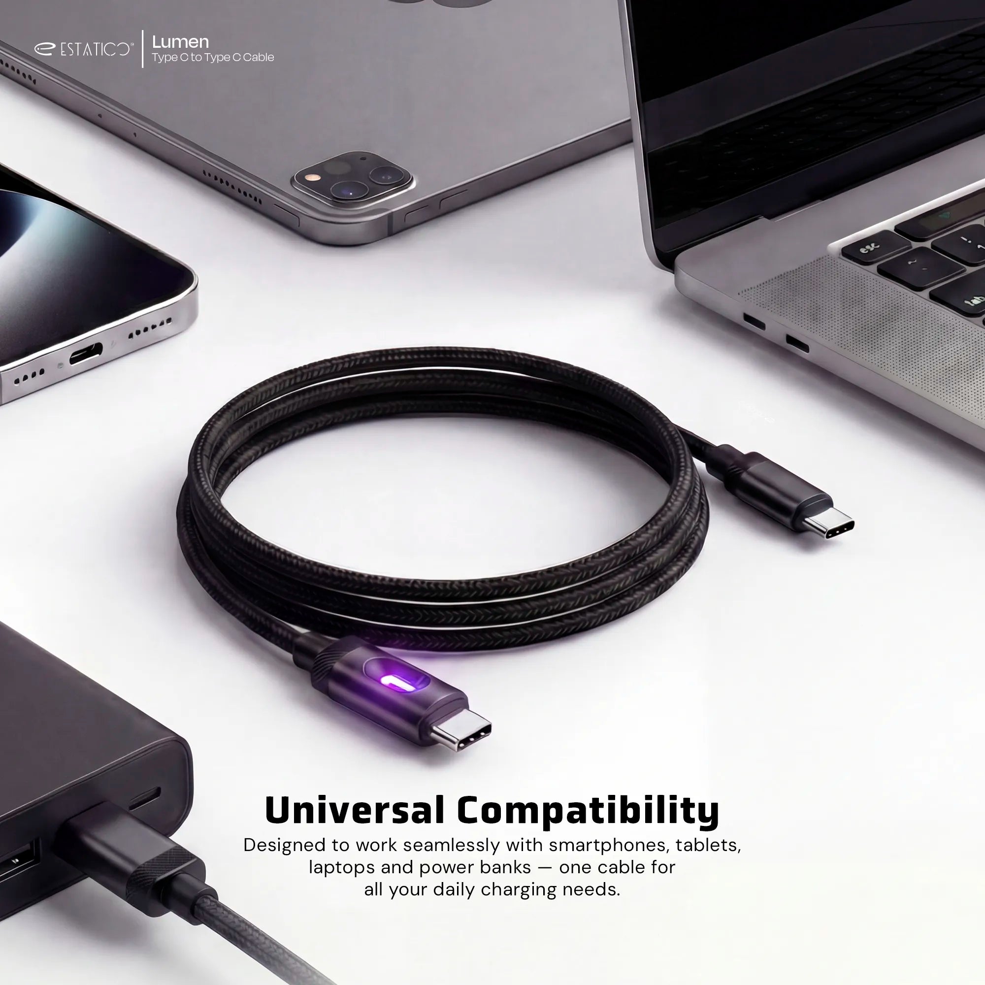 Lumen 60W Fast Charging USB-C to USB-C Cable - 1M Nylon Braided with LED